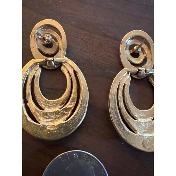 Vintage Hammered Gold Tone Dangle Pierced Earrings - Picture 6 of 6